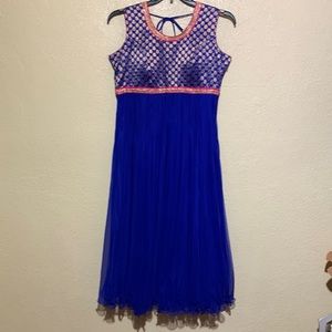 Party Dress Blue Pink Gold Handmade Ruffles Size L XL Indian Style Sleeveless